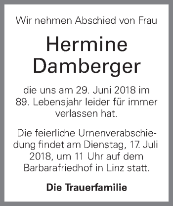 Traueranzeige von Hermine Damberger von OÖNachrichten