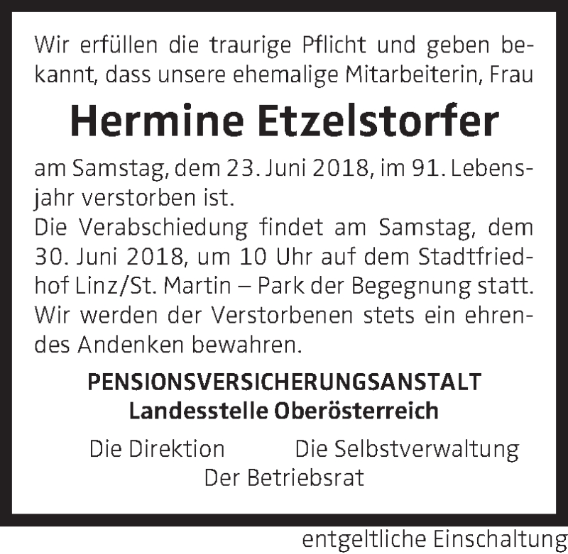  Traueranzeige für Hermine Etzelstorfer vom 28.06.2018 aus OÖNachrichten