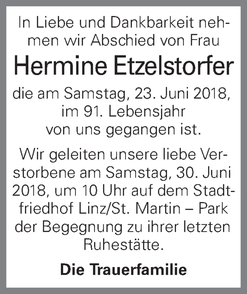  Traueranzeige für Hermine Etzelstorfer vom 27.06.2018 aus OÖNachrichten