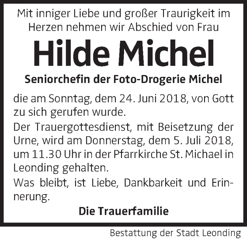  Traueranzeige für Hilde Michel vom 30.06.2018 aus OÖNachrichten