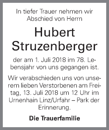 Traueranzeige von Hubert Struzenberger von OÖNachrichten