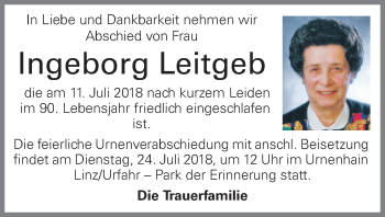Traueranzeige von Ingeborg Leitgeb von OÖNachrichten