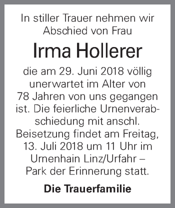 Traueranzeige von Irma Hollerer von OÖNachrichten