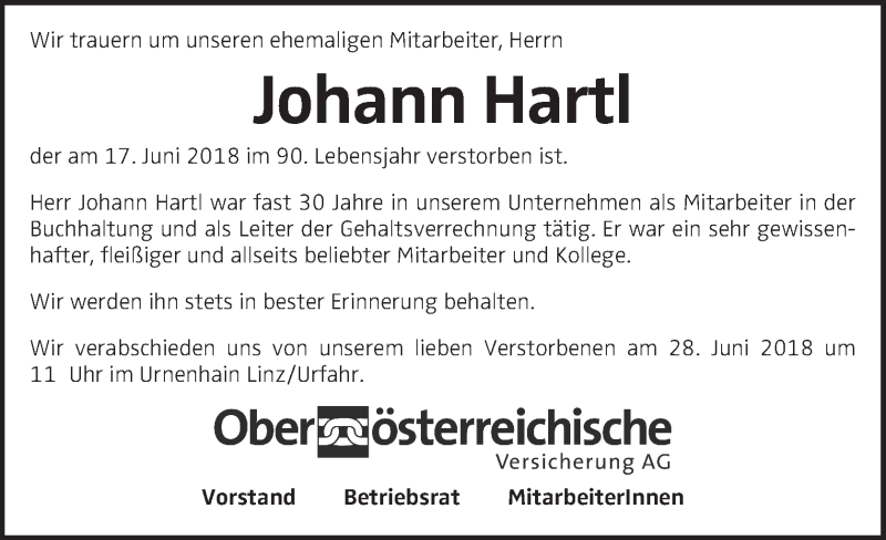  Traueranzeige für Johann Hartl vom 27.06.2018 aus OÖNachrichten