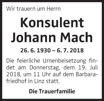 Traueranzeige von Johann Mach von OÖNachrichten