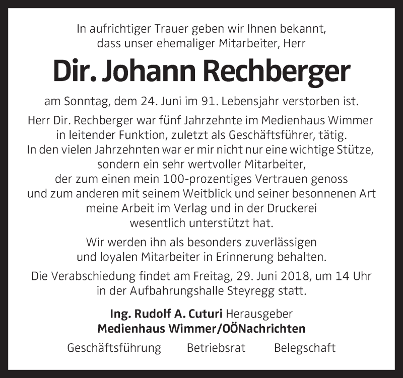  Traueranzeige für Johann Rechberger vom 28.06.2018 aus OÖNachrichten