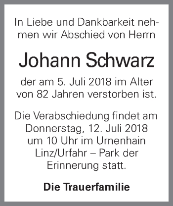 Traueranzeige von Johann Schwarz von OÖNachrichten