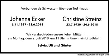 Traueranzeige von Johanna Ecker und Christine Streinz von OÖNachrichten