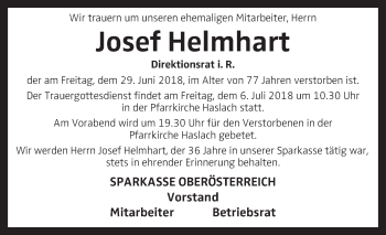 Traueranzeige von Josef Helmhart von OÖNachrichten