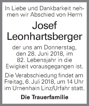 Traueranzeige von Josef Leonhartsberger von OÖNachrichten