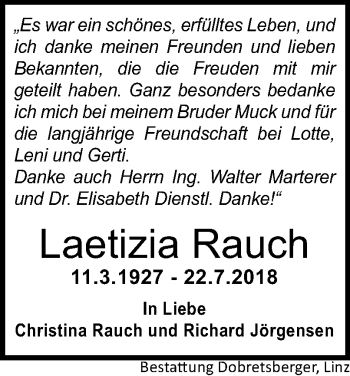 Traueranzeige von Laetizia Rauch von OÖNachrichten