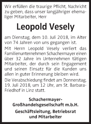 Traueranzeige von Leopold Vesely von OÖNachrichten