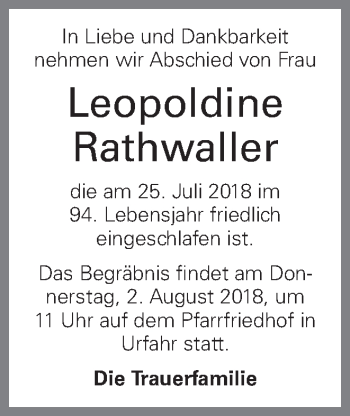 Traueranzeige von Leopoldine Rathwaller von OÖNachrichten
