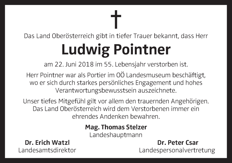  Traueranzeige für Ludwig Pointner vom 27.06.2018 aus OÖNachrichten