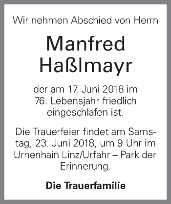 Traueranzeige von Manfred Haßlmayr von OÖNachrichten