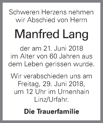 Traueranzeige von Manfred Lang von OÖNachrichten