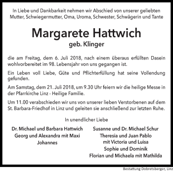 Traueranzeige von Margarete Hattwich von OÖNachrichten