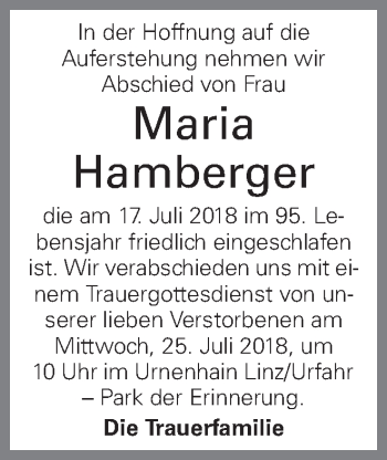 Traueranzeige von Maria Hamberger von OÖNachrichten