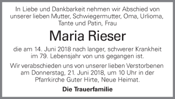 Traueranzeige von Maria Rieser von OÖNachrichten