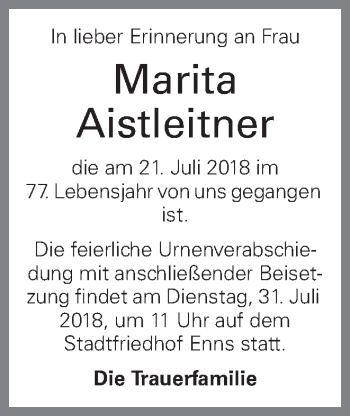 Traueranzeige von Marita Aistleitner von OÖNachrichten