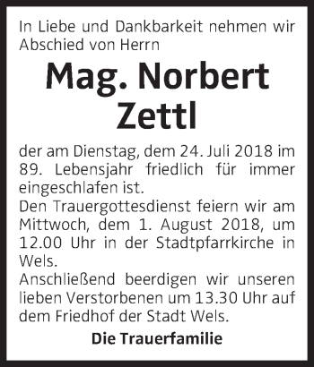 Traueranzeige von Norbert Zettl von OÖNachrichten