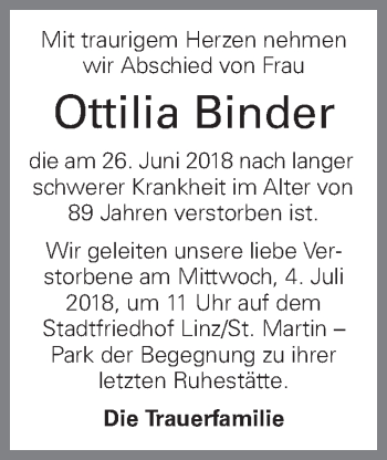 Traueranzeige von Ottilia Binder von OÖNachrichten