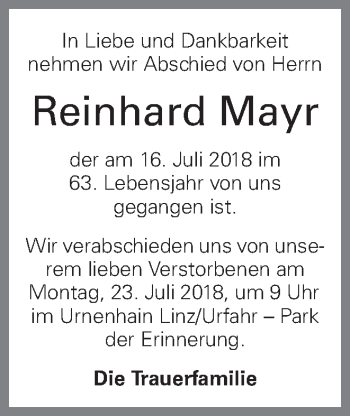 Traueranzeige von Reinhard Mayr von OÖNachrichten