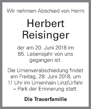 Traueranzeige von Reisinger Herbert von OÖNachrichten
