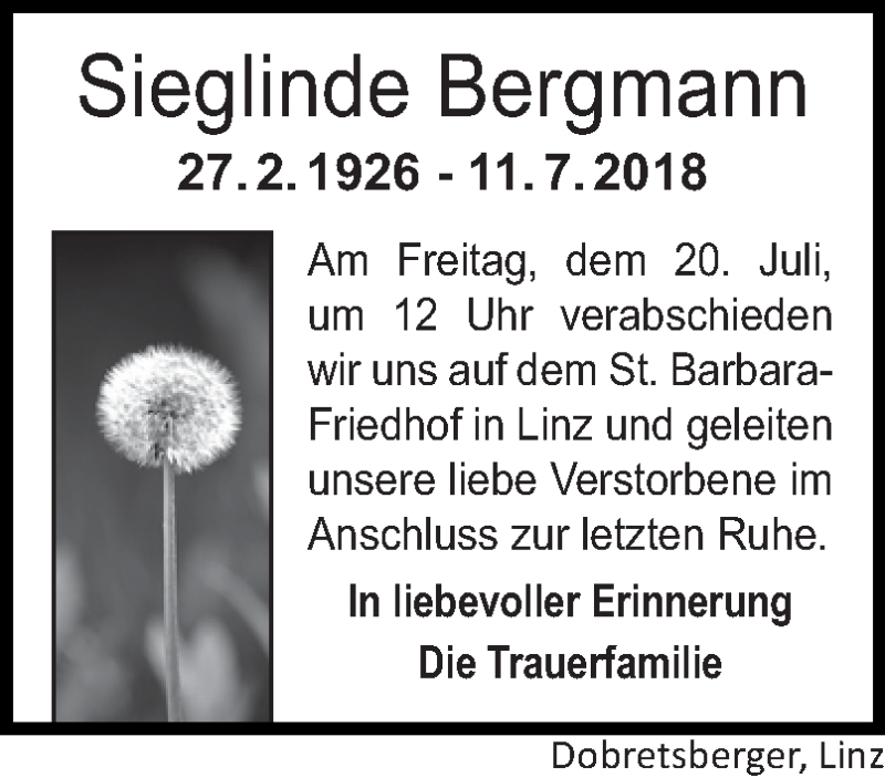  Traueranzeige für Sieglinde Bergmann vom 14.07.2018 aus OÖNachrichten