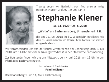 Traueranzeige von Stephanie Kiener von OÖNachrichten