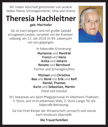 Traueranzeige von Theresia Hachleitner von OÖNachrichten