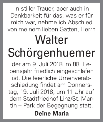 Traueranzeige von Walter Schörgenhuemer von OÖNachrichten