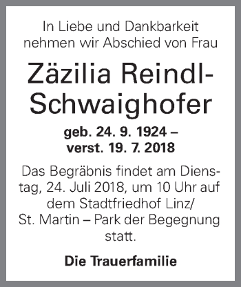 Traueranzeige von Zäzilia Reindl-Schwaighofer von OÖNachrichten