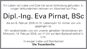 Traueranzeige von Dipl.-Ing. Eva Pirnat, BSc von OÖNachrichten