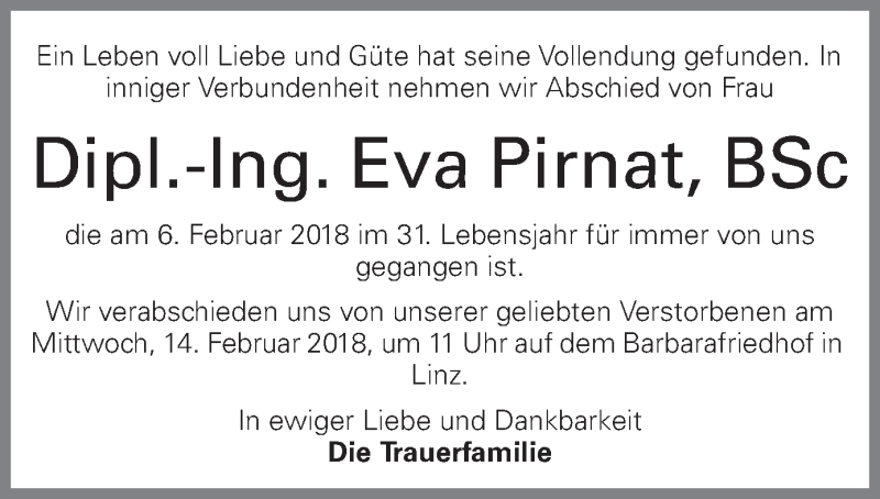  Traueranzeige für Dipl.-Ing. Eva Pirnat, BSc vom 10.02.2018 aus OÖNachrichten