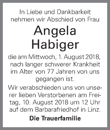 Traueranzeige von Angela Habiger von OÖNachrichten