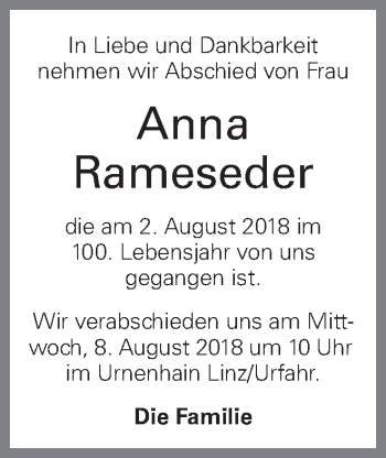 Traueranzeige von Anna Rameseder von OÖNachrichten