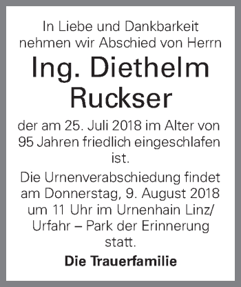 Traueranzeige von Diethelm Ruckser von OÖNachrichten