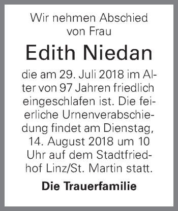 Traueranzeige von Edith Niedan von OÖNachrichten
