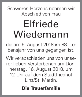 Traueranzeige von Elfriede Wiedemann von OÖNachrichten