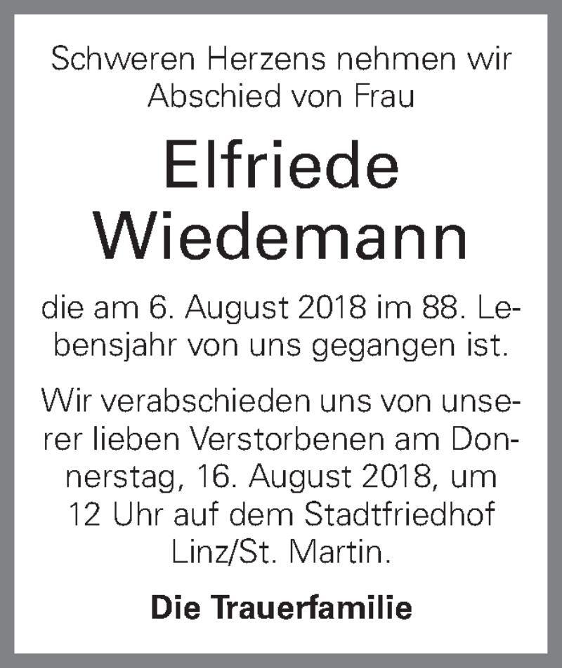  Traueranzeige für Elfriede Wiedemann vom 11.08.2018 aus OÖNachrichten