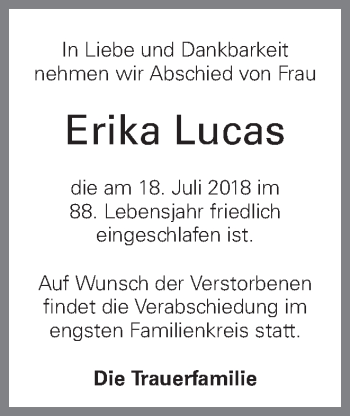 Traueranzeige von Erika Lucas von OÖNachrichten