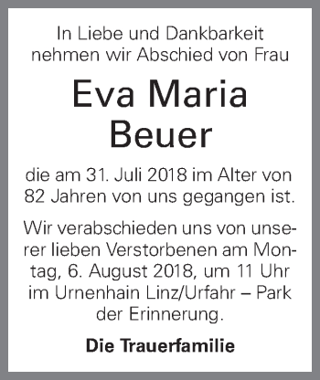 Traueranzeige von Eva Maria Beuer von OÖNachrichten