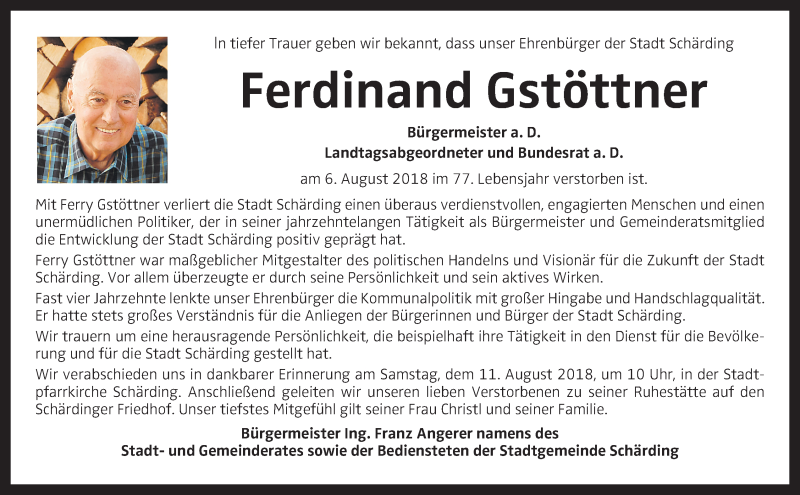  Traueranzeige für Ferdinand Gstöttner vom 10.08.2018 aus OÖNachrichten