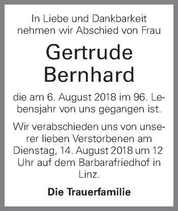 Traueranzeige von Gertrude Bernhard von OÖNachrichten