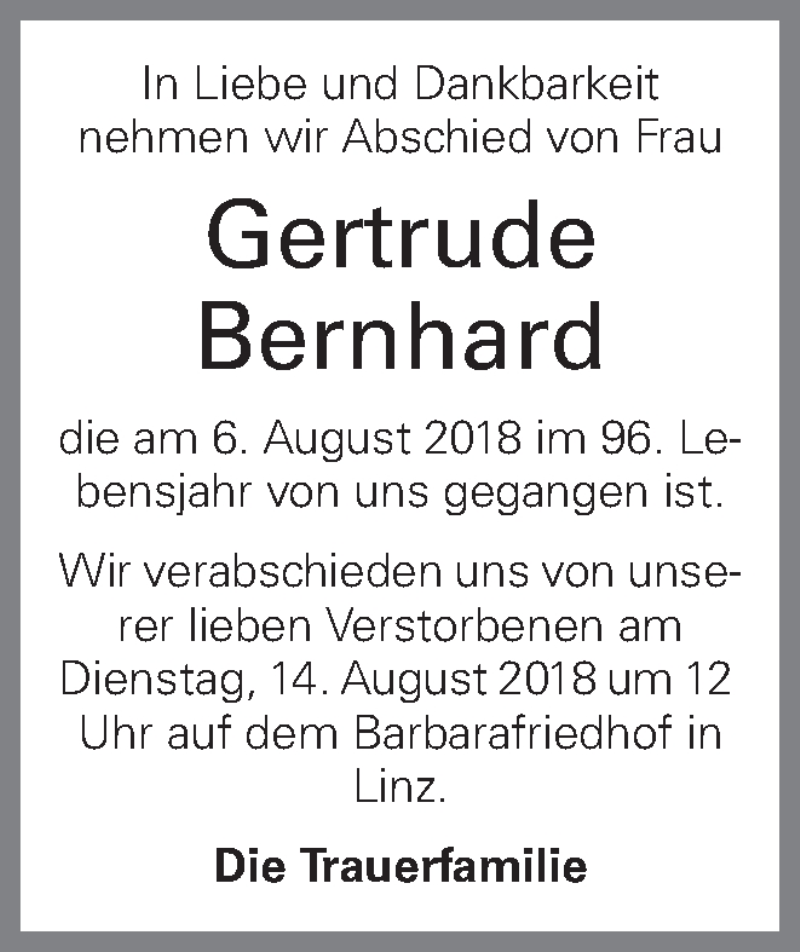 Traueranzeige für Gertrude Bernhard vom 10.08.2018 aus OÖNachrichten