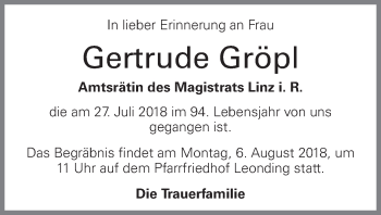 Traueranzeige von Gertrude Gröpl von OÖNachrichten
