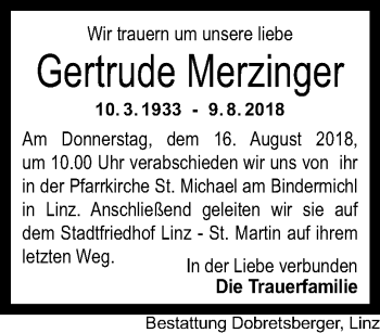 Traueranzeige von Gertrude Merzinger von OÖNachrichten
