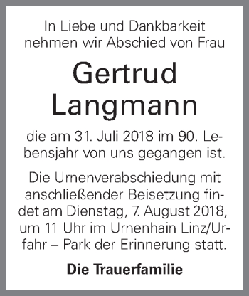 Traueranzeige von Gertud Langmann von OÖNachrichten