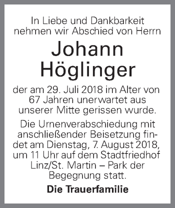 Traueranzeige von Johann Höglinger von OÖNachrichten